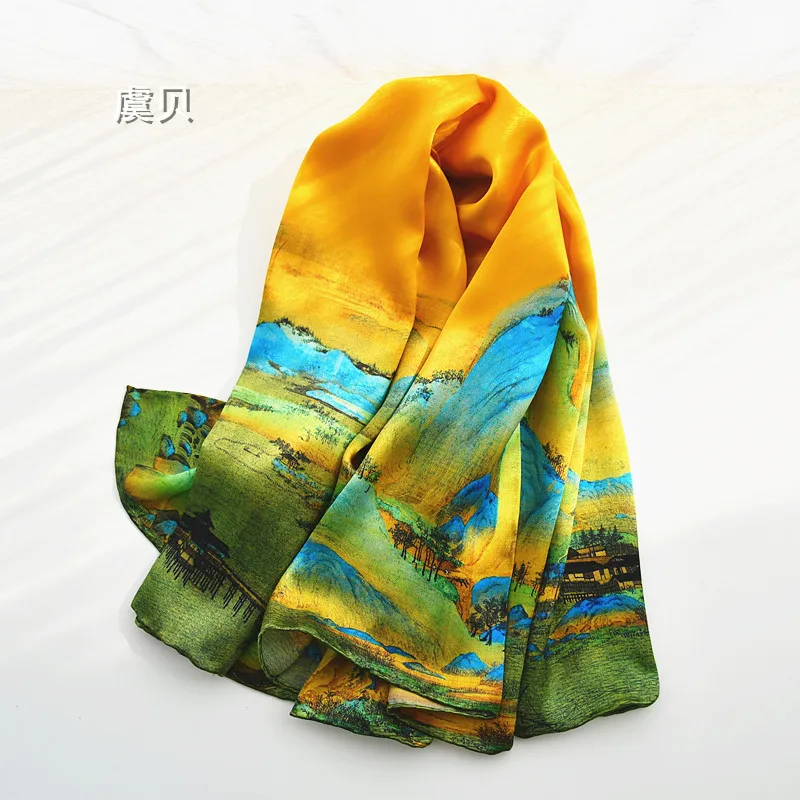 Chinese classic yellow natural silk women scarf printed 100% real silk soft 110cm big square bandana wrap shawl gift for ladies