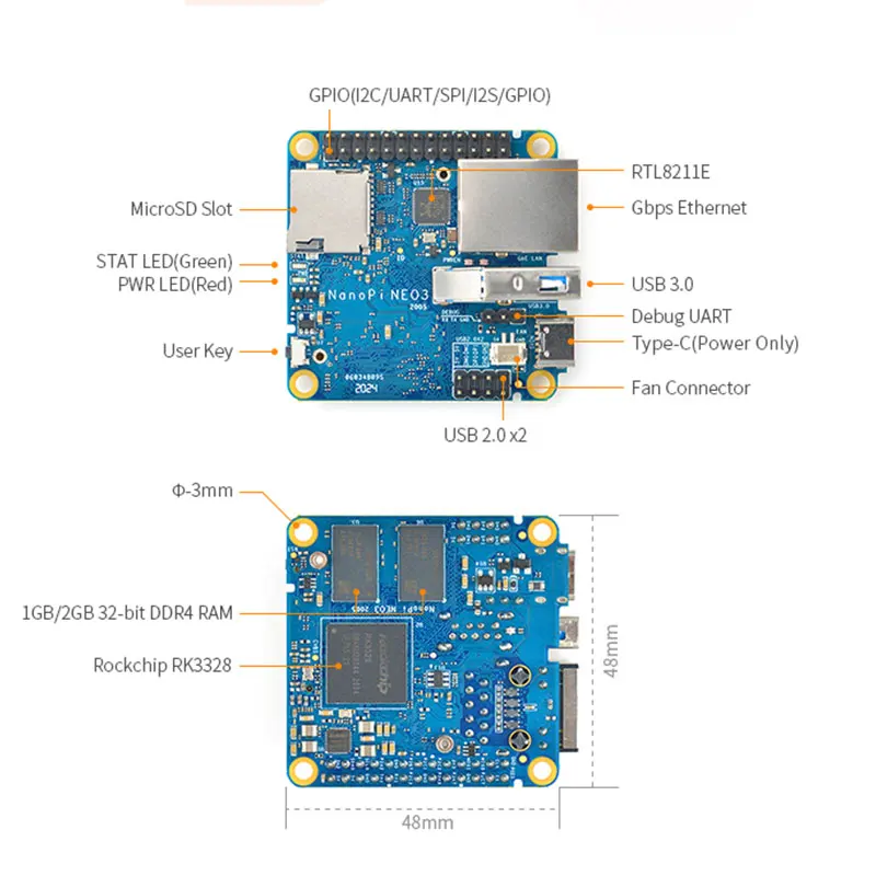 لوحة تطوير صغيرة NanoPi NEO3 RK3328 منفذ جيجابت إيثرنت 1 جيجابايت/2 جيجابايت ذاكرة OpenWrt/LEDE دروبشيب