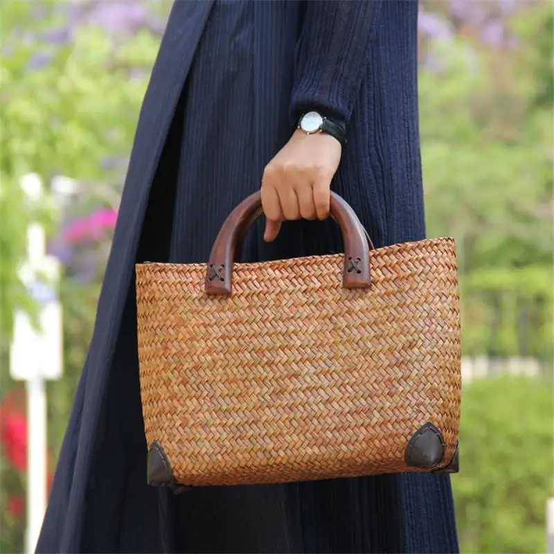 34x16CM  Original Chinese Style Features Handmade Old Straw Bag Rattan Woven Wooden Handle Retro Handbag a6115