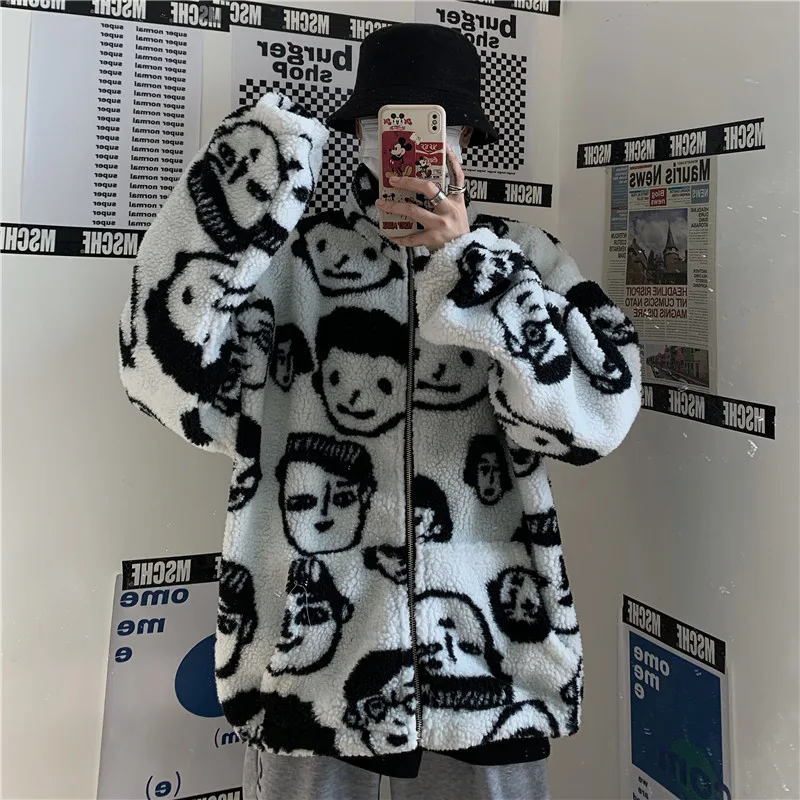 Korean Winter New Harajuku Lazy BF Style Coat Cute Cartoons Printing Full Sleeve Jacket Lambswool Keep Warm Zipper Outerwear