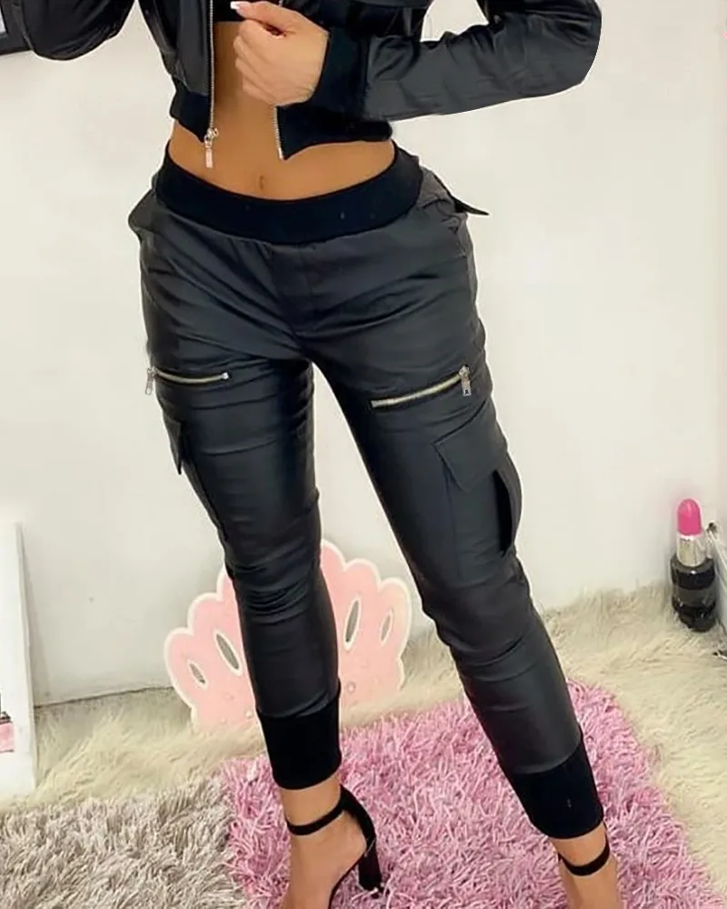 Women\'s pants Pu Leather Zipper Pocket Design Skinny Pants Women 2024 Latest Early Spring New Fashion style Leather pants women