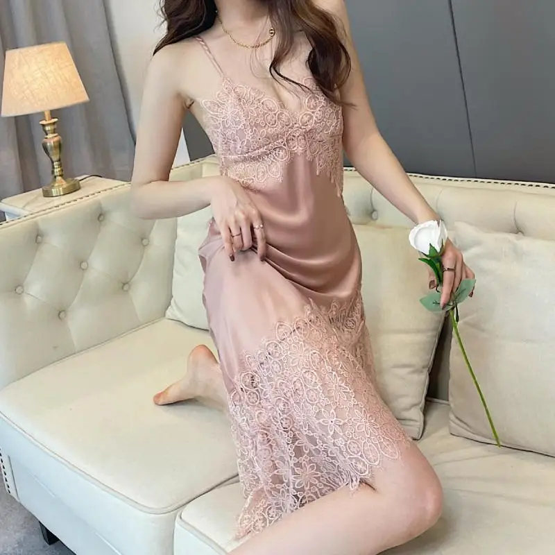 Women Spaghetti Strap Nightdress Sexy Faux Silk Nightgown Sleep Dress Full Slip Lace Sleepwear Satin Nightwear Intimate Lingerie