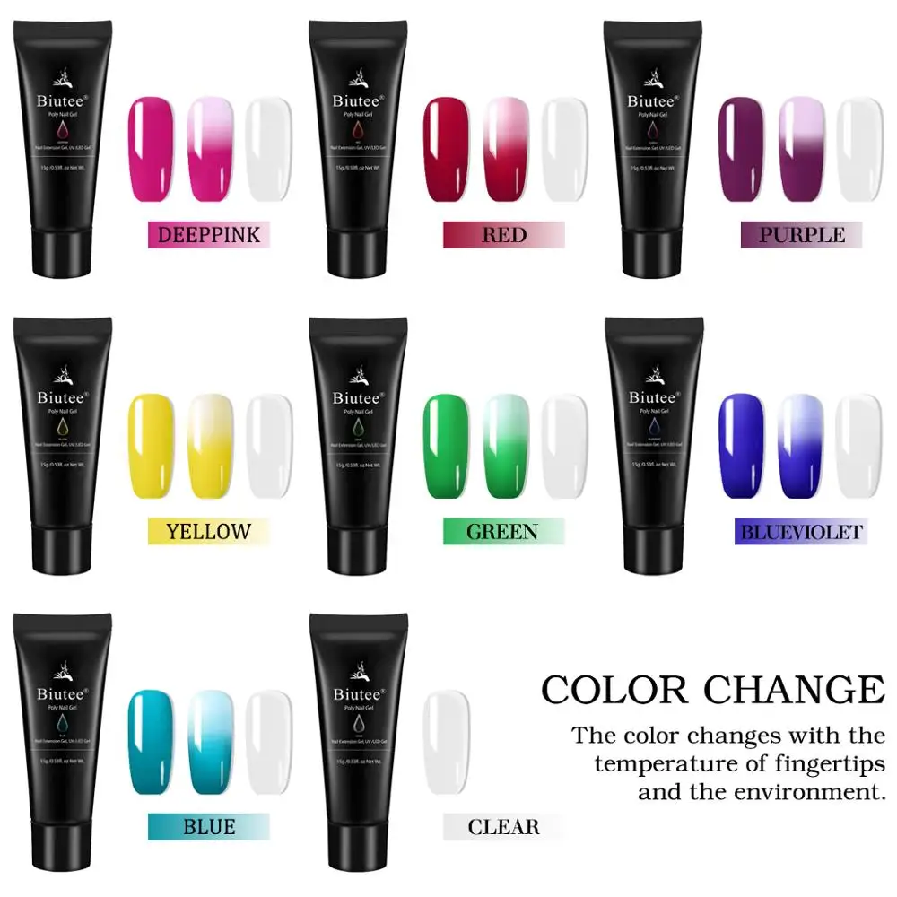 Biutee 15 مللي بولي طلاء الأظافر هلام اللون تغيير الاكريليك تمديد كريستال مسمار الفن سريع منشئ الورنيش UV بولي طلاء الأظافر