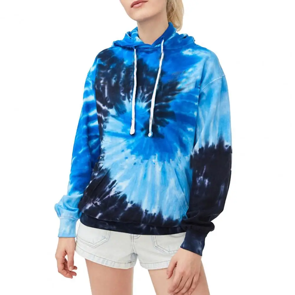 Women Hoodie Tie Dye Print Drawstring Autumn Winter Multicolor Large Pocket Hooded Sweatshirt Sportswear