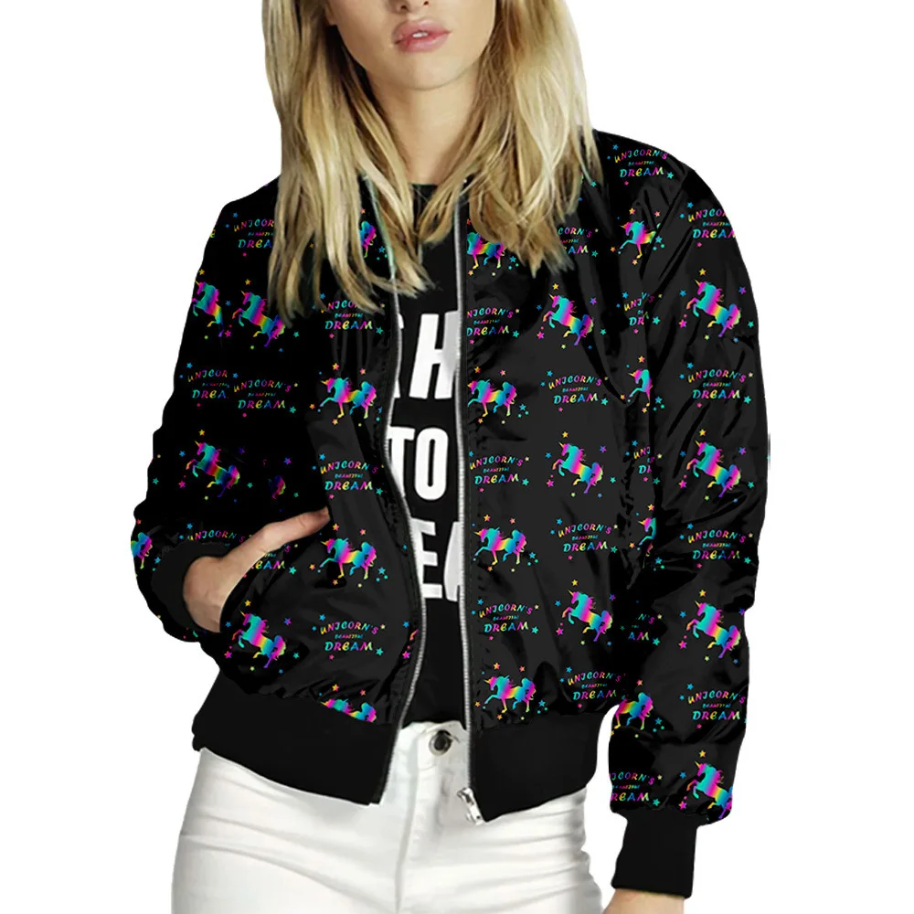 

2021 Spring Autumn Unicorn Print Jackets Women Casual Zipper Bomber Long Sleeve Coat Female Fashion Classic Slim Outerwears