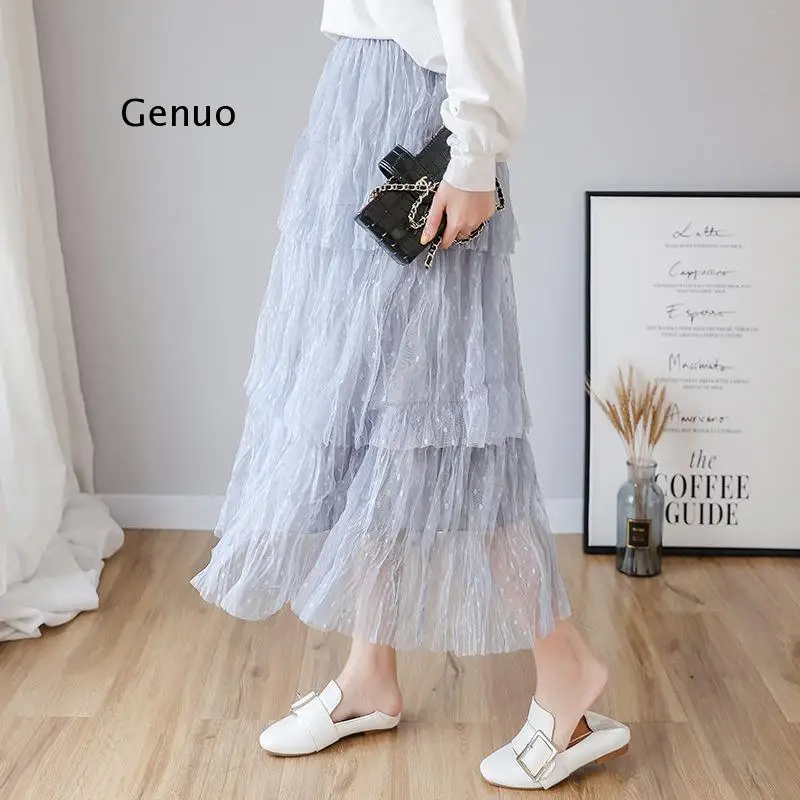 Spring Womens Mesh Princess Fairy Style Tulle Skirt A Style Pleated Skirt Long Elastic Waist Skirts