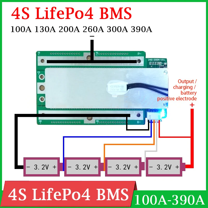 4S 12V 100A 130A 200A 260A 300A 390A BMS LifePo4 Lithium Protection Board Balance High Current Motorcycle car start RV Inverter