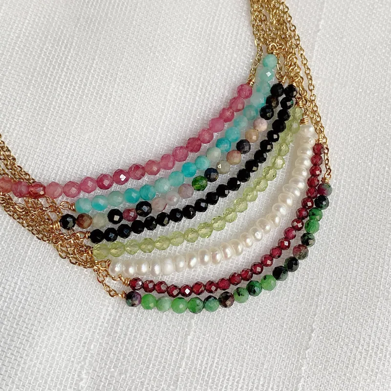 Healing Natural Crystal Stone Necklace for Women Simple Chain Smile Pendant Choker Pearl Charm Pink Tourmalines Crystal Necklace view 6