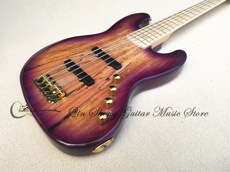 5 strings purple bass, Spalted maple top solid wood body, golden bridge, maple fingerboard, SS pickup, active battery