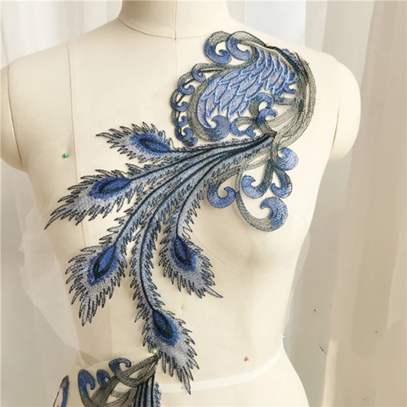 Applique Blue Peacock Embroidered Lace Wedding Dress Back Diy Flower Lace Applique Fabrics Material Scrapbooking NL239