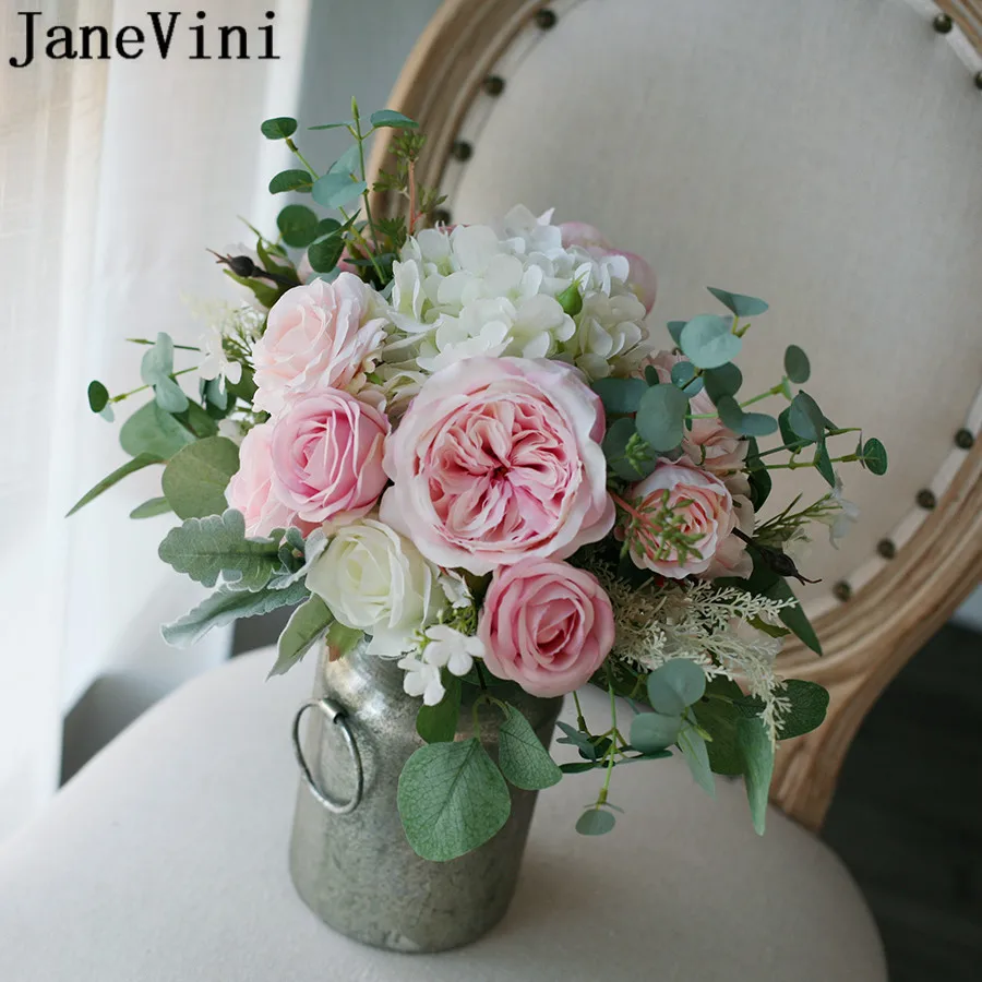 JaneVini 2021 Artificial Wedding Bouquet for Bride Pink Roses Silk Flowers kwiaty sztuczne Green Leaves Bridal Bouquets Brooch