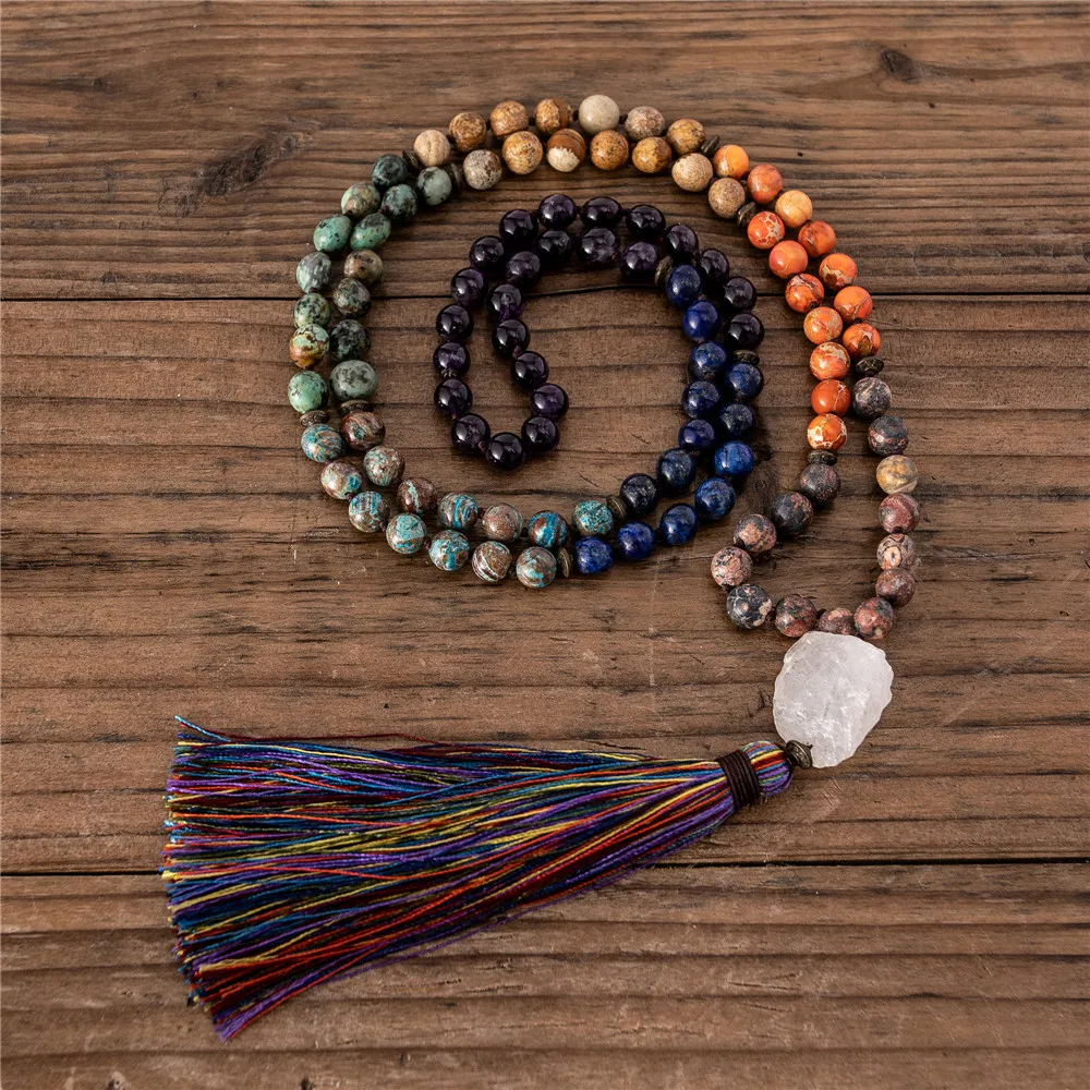 Handmade 7 Chakra Multi Colors Natural Stone 108 Mala Beads Necklace With Tassel Meditation Jewelry Friends Gifts Dropshipping