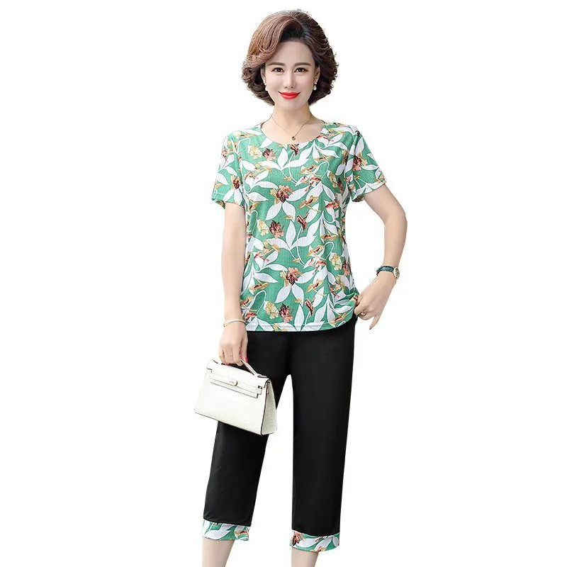 New Summer Women Suits Middle-aged Mother Clothing Short-sleeved T-shirt Tops XL-5XL Two-piece Female Casual Pants Set