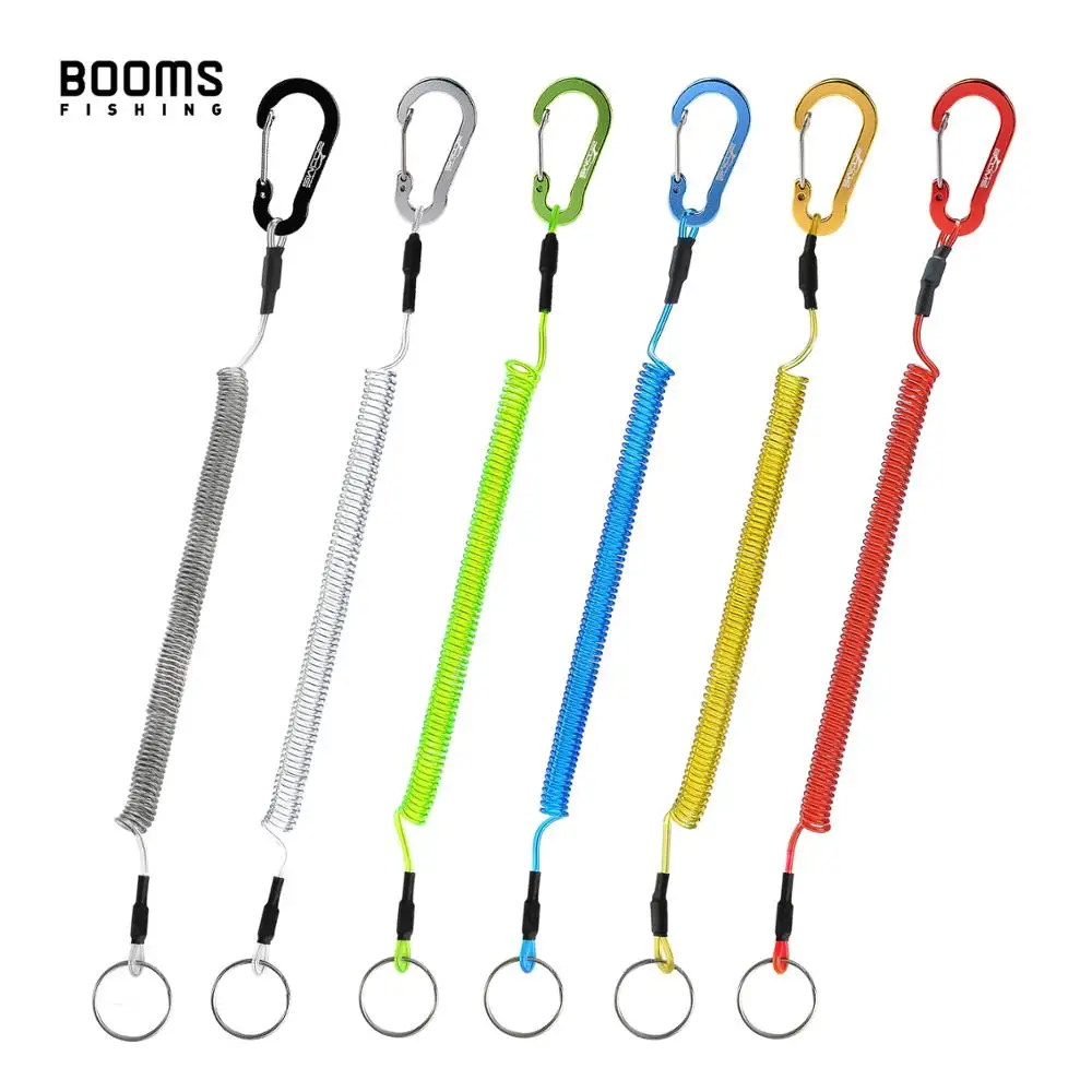 Booms Fishing T04 Fishing Lanyards Safety Rope Wire Steel with Carabiner Coil Lanyard Retractable 1.5m Max Fishing Takle Tools