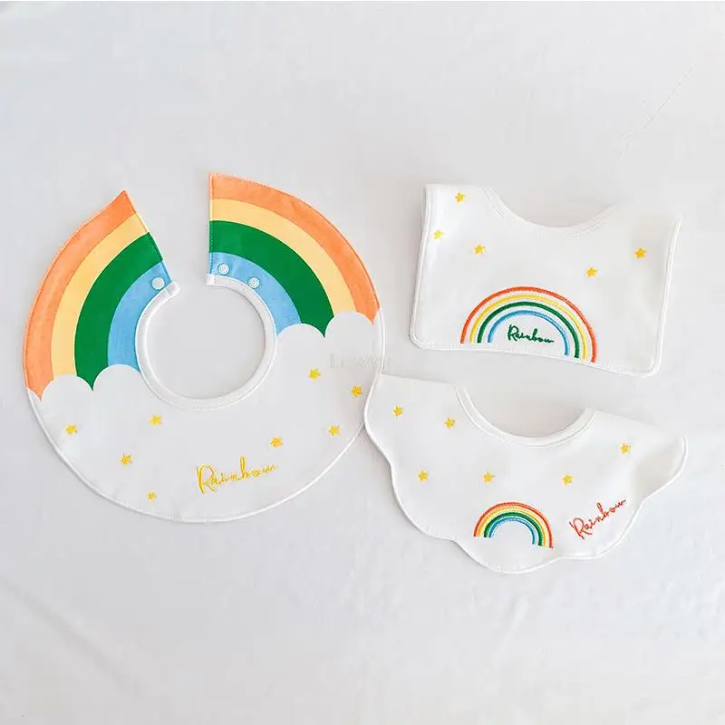 3PCS/LOT New Baby Bibs Double Cotton Rainbow Saliva Towel Waterproof Boy Girl Feeding Apron Bandana Embroidery Detachable Collar