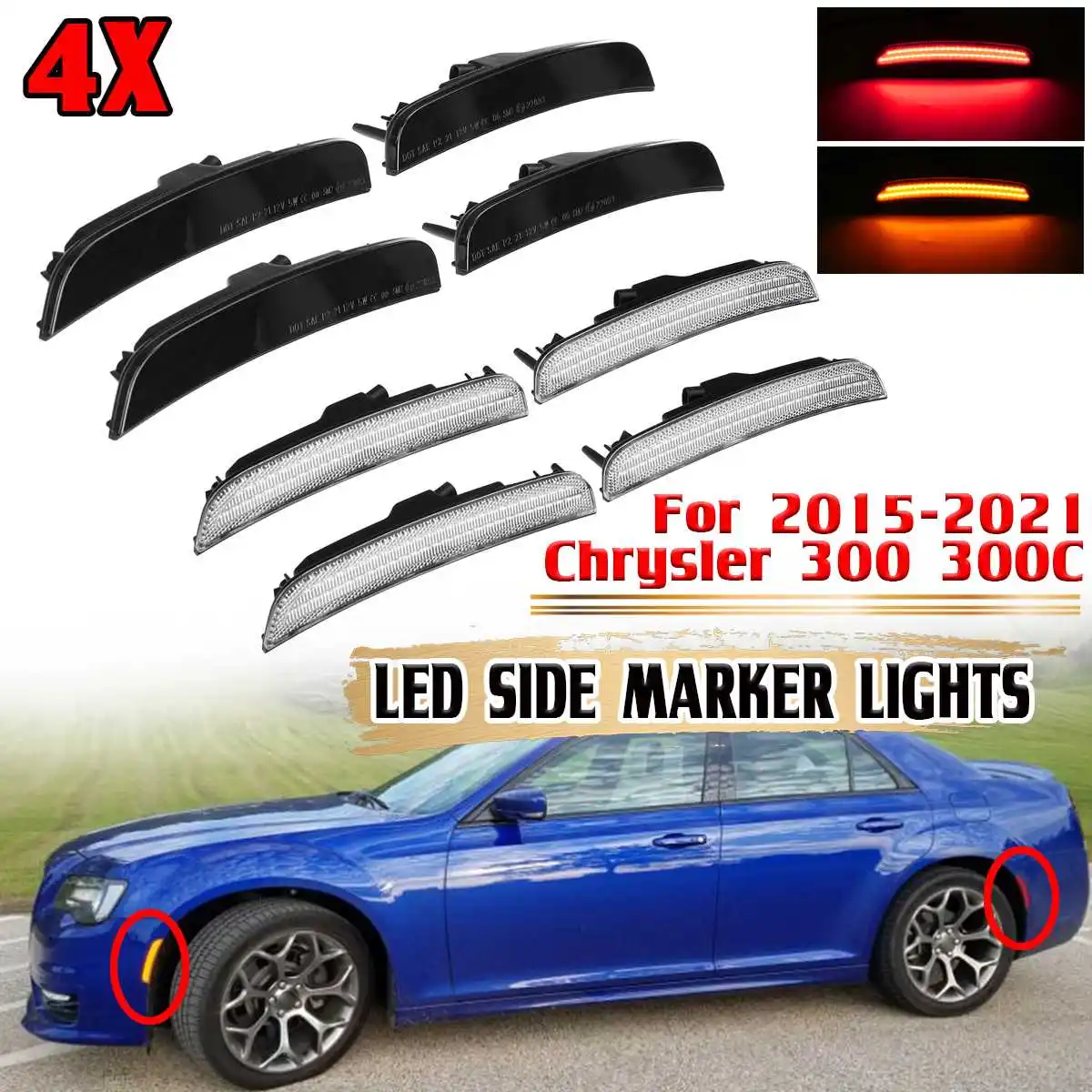 New 4x Bumper Side Marker Light For Chrysler 300 300C 2015-2021 Car Fender Wheel Arches Side Repeater Turn Signal Blinker Lamp