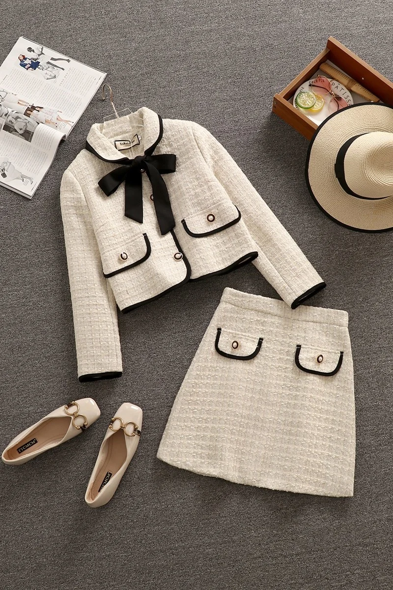 Winter Vintage Tweed Two Piece Set Women Bowknot Single-breasted Crop Top Woolen Short Jacket Coat + Mini Skirts 2 Piece Sets