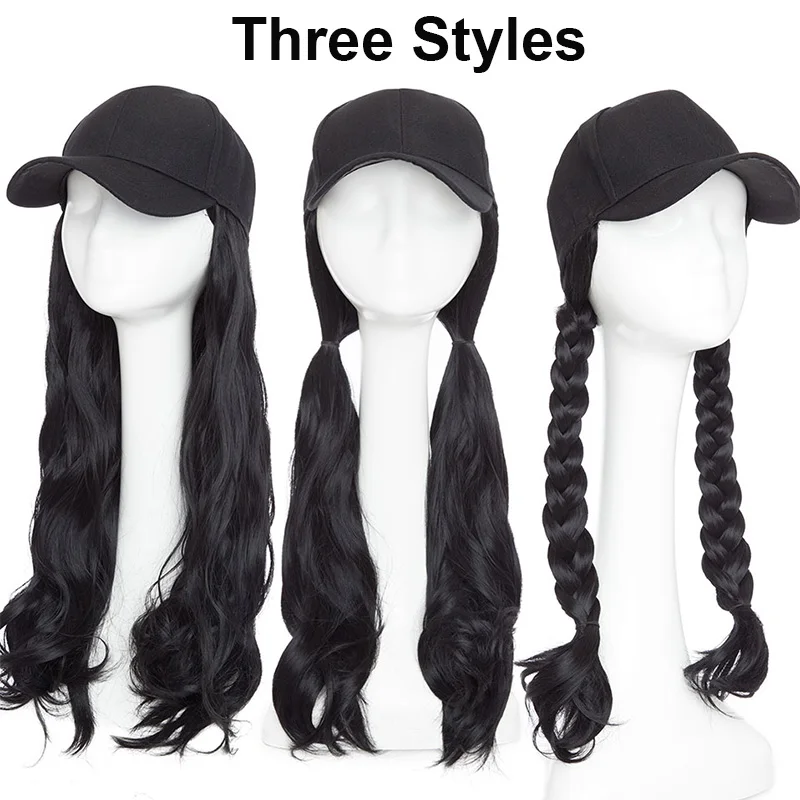 XUANGUANG Long Wavy Synthetic Baseball Cap Black And White Hair Extension Wig Natural Adjustable Girl Hat Wig