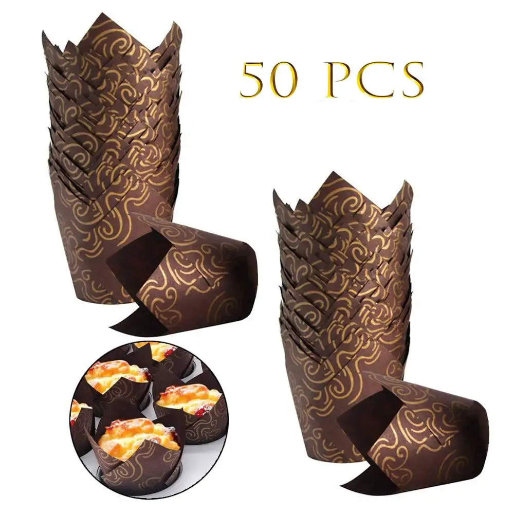 50PCS Tulip Muffin Cupcake Paper Cups Weeding Cup Cakes Paper Cases Golden Printed Cupcake Liners Wrappers Cake Decorating Tools