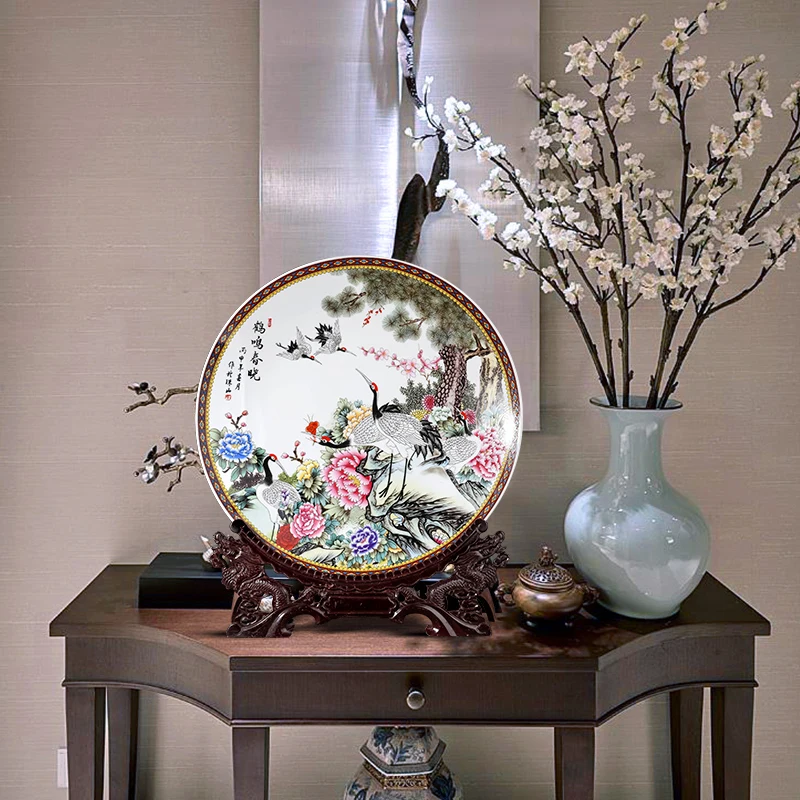 Jingdezhen Ceramic Red-crowned Crane Spring Dawn Hanging Plate  Household Living Room TV Cabinet Decoration