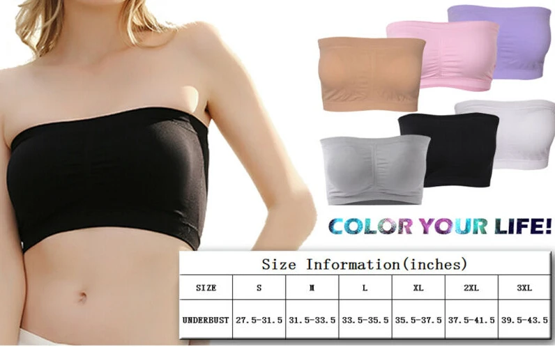 Double Layers Plus Size Strapless Bra Bandeau Tube Removable Padded Top Stretchy Black White Skin Color S M L XL 2XL 3XL