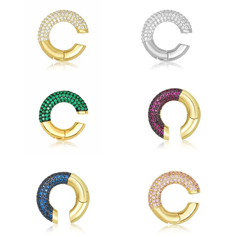 Aide 1PC Glod Color Full Zircon Pave Ear Cuffs No Piercing C Shape Chunky Thick Clip Earrings Colored Crystal Jewelry