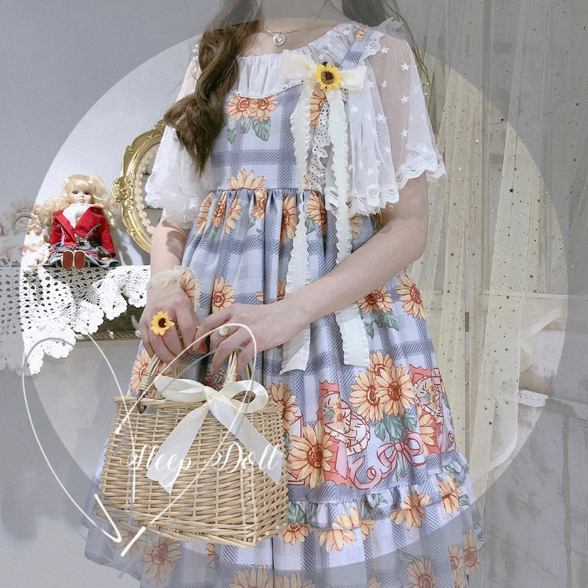 Robe Lolita en dentelle pour fille, Plaid rétro, imprimé tournesol, doux et mignon, écharpe d'été, feuille de Lotus, taille haute, Cosplay Cos Loli