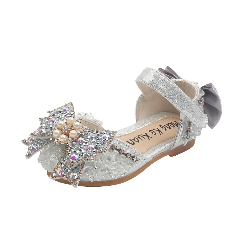 

Summer Baby Princess Girls Sandals 2022 Kids Bowknot Silver Rhinestones Sandals Children's Fashion Sequin Soft Dance Party Shoes