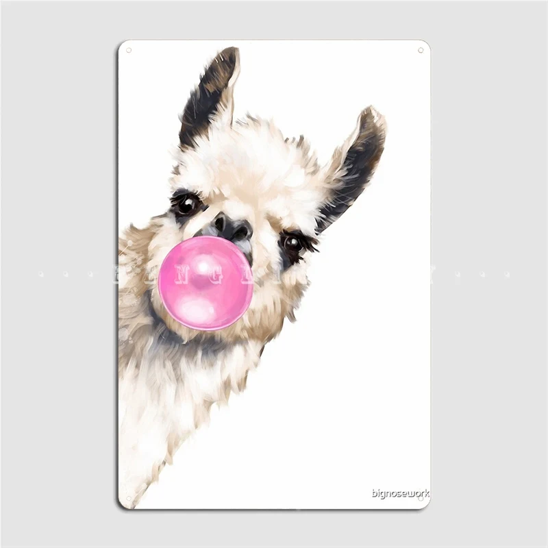 Sneaky Llama With Bubble Gum Metal Sign Club Mural Custom Plaques Tin Sign Posters