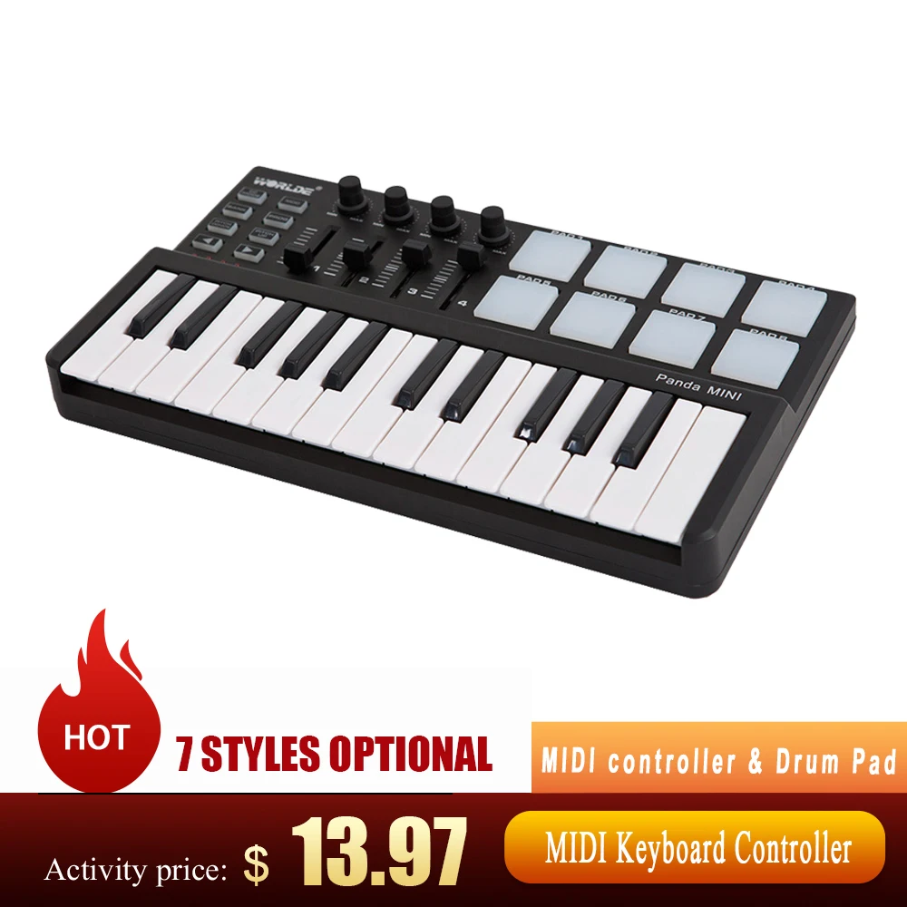 

Hot WORLDE Panda MIDI Keyboard MIDI controller & Drum Pad MINI 25-Key Ultra-Portable USB MIDI Keyboard Controller Led 7 styles