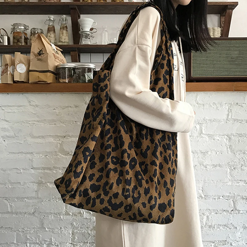 2023 Leopard Print Ladies Cloth Bag Women Shopping Tote Shopping Bags Foldable Eco Reusable Shoulder Shopper Bag Handbags