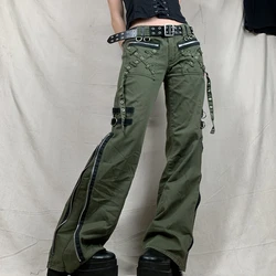 Pantaloni da donna Gothic Punk Baggy Vintage Kawaii pantaloni fasciatura vita bassa pantaloni Cargo Grunge Green Zipper Jeans corea pantaloni della tuta