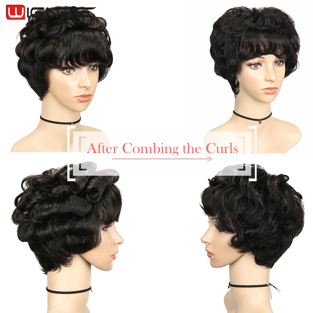 Wignee Finger Wave Short Human Hair Wig With Bangs Short Curly Pixie Cut Wig for Women Brazilian Hair Full Machine Made Bob Wigs