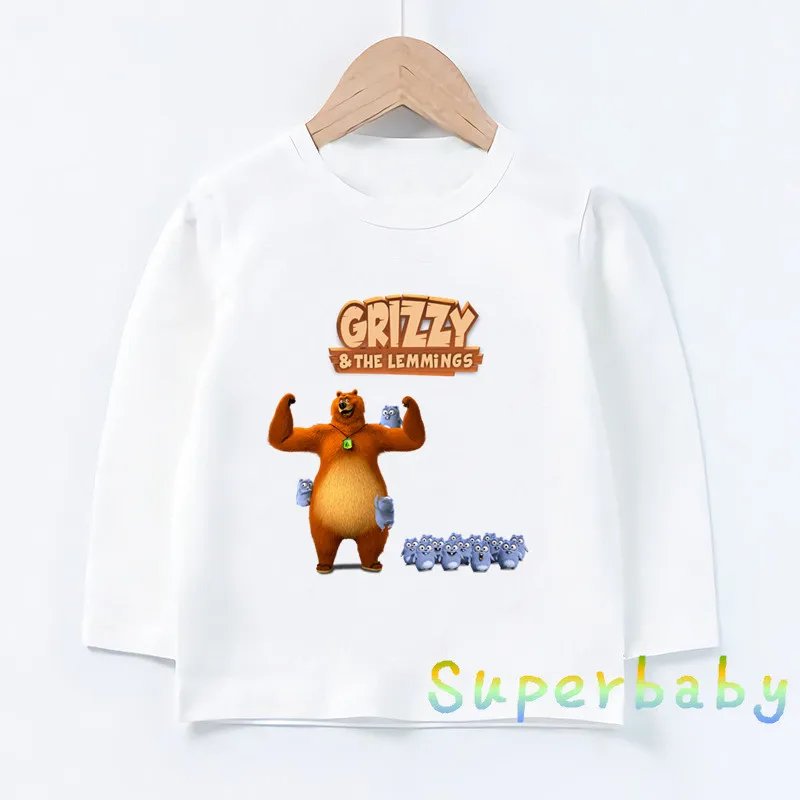 Cute Grizzly Bear And Lemming Cartoon Print Kids Funny T-Shirts Girls Clothes Baby Boys Long Sleeve T shirt Kawaii Children Tops