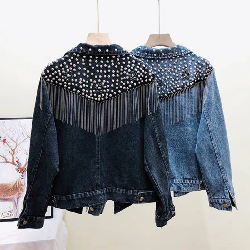 Tassel Rivet Denim Jacket Women Tops Autumn Spring Black Cool Outwear Jackets Streetwear Punk 2022 Fashion Long Sleeve Loose XL