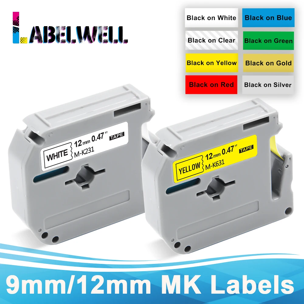 Labelwell 1個9/12ミリメートルMK231ラベルテープM-K231 MK-231用互換は、p-touch PT65 PT70 PT85 PT90 PT80 PT100ラベルメーカー