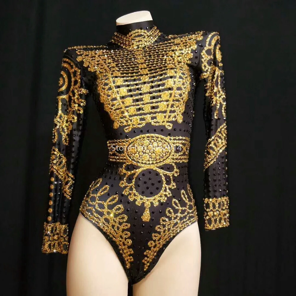 Sparkly Gold Rhinestones Bodysuit Long Sleeve Female Singer Performance Leotard Stage Wear One Piece Dance Costume Rave Outfits