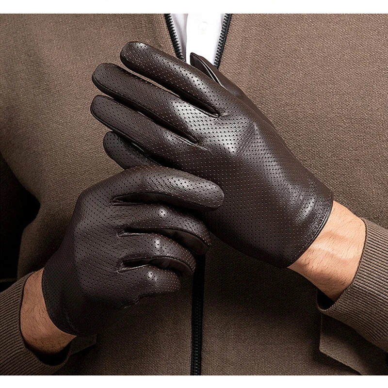 Men\'s Thin Genuine Leather Fit Gloves Male Breathable Soft Fashion Classic Goatskin Autumn Unlined touch screen Driving Gloves