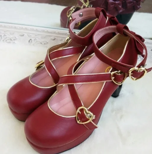 princess kawaii shoes tea party high heeled shoes cosplay loli Japanese vintage sweet lolita shoes cute bowknot cross strap