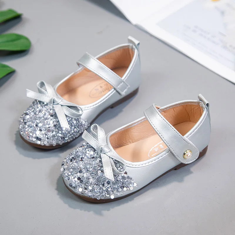 Zapatos de princesa pequeña para niña, zapatillas de cristal planas de primavera, zapatos de zapatos Mary Jane sólidos con lazo poco profundo, gancho y lazo para fiesta, 2022