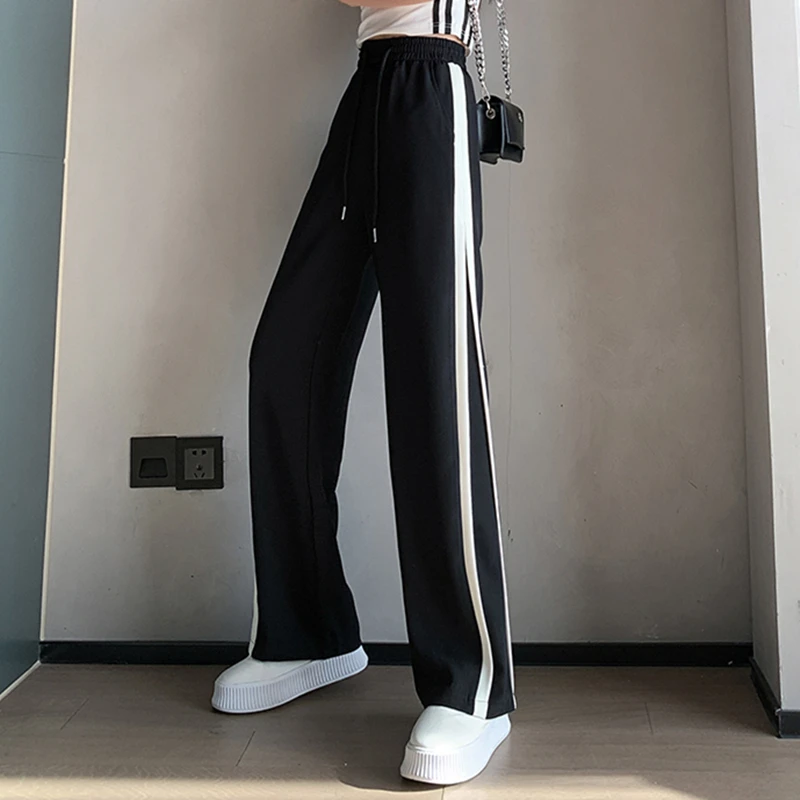 REALEFT 2022 New Colorblock Wide Legged Women's Pants Spring Vintage High Waist Loose Lace Up Casual Trousers Sweatpants Female