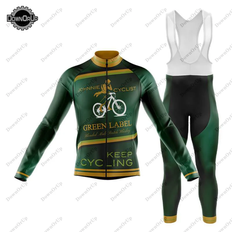 

Johnnie Whisky Green Men's Long Sleeve Cycling Jersey Set 9DGEL Bib Pants MTB Winter/Thin Bicycle Wear Maillot Ciclismo Hombre