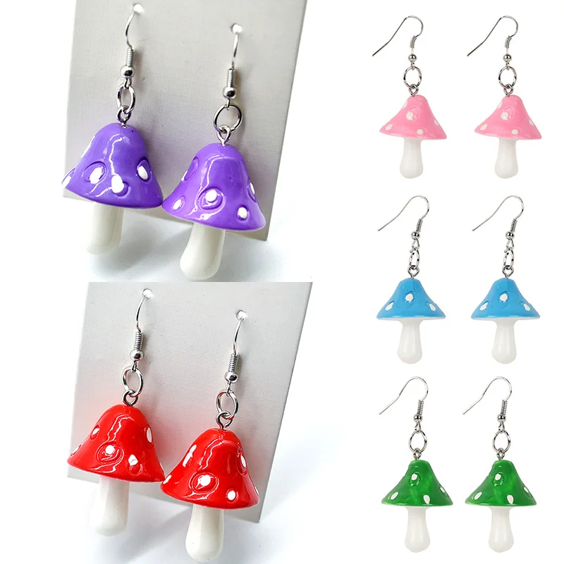 Pendientes de seta de resina dulce hechos a mano, pendiente largo de seta de simulación de plástico, joyería para mujeres y niñas, regalo