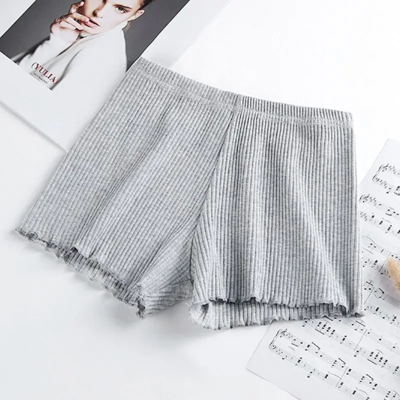 Ladies Women Summer Safety Pants Thread Ribbed Striped Seamless Stretchy Underpants Solid Color Ruffled Agaric Hem Boxer Shorts