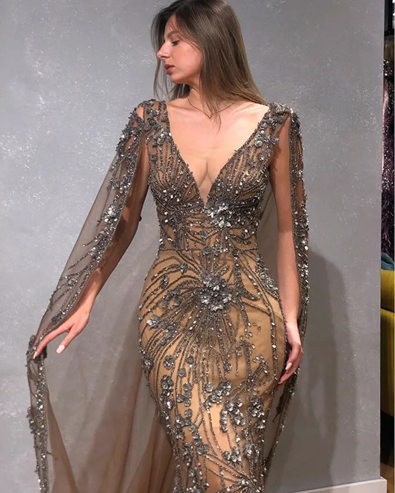 Dubai Crystal Rhinestone Mermaid Evening Costume 2024 With Cape Luxury Beaded Champagne Long Prom Gowns Modest Party Dress