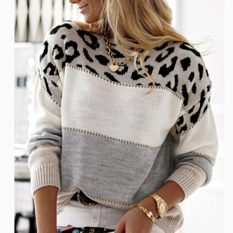 Fall 2021 Leopard Knitted Sweater Women Fashion O-Neck Pullovers Full Sleeves Loose Crop Sweater