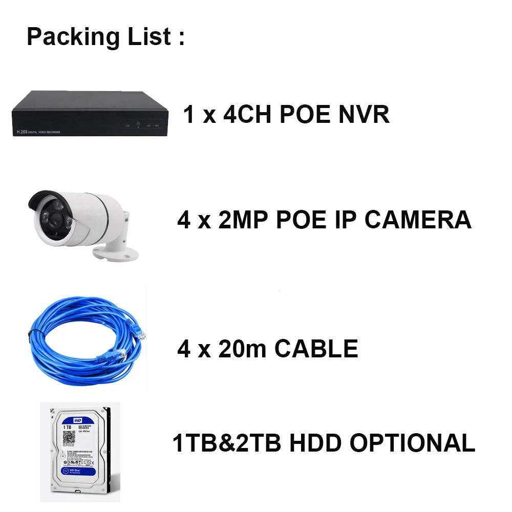 Kit de cámara de vigilancia POE H.265, 4 canales, 2MP, CCTV, 48V, fuente de alimentación, juego y enchufe