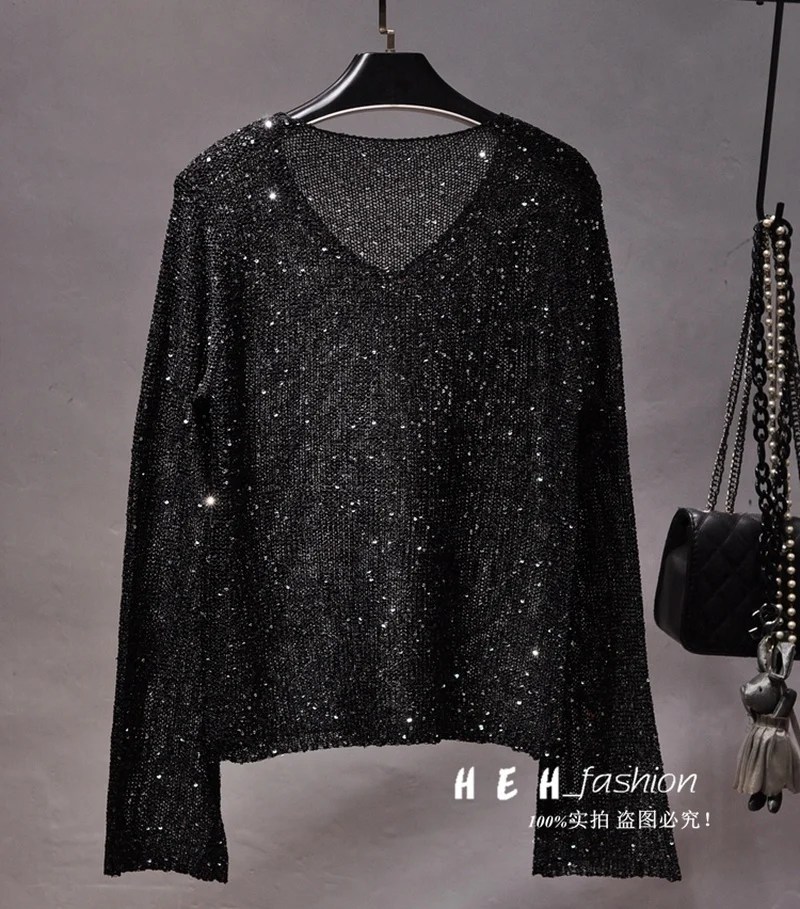 Women Clothes 2023 Korean Fashion Sequins V-neck Big Trumpet Sleeve Hollow Out Light Silk Knitting Sweater Sheet Metal Coat