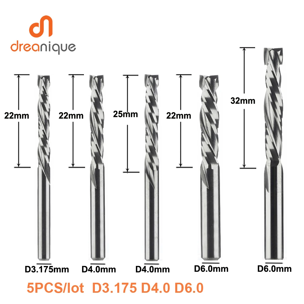 5pc/lot Milling Cutter Woodwork UP DOWN Cut 2 Flutes Spiral Carbide Milling Tool CNC Router Bit Compression Wood End Mill Cutter