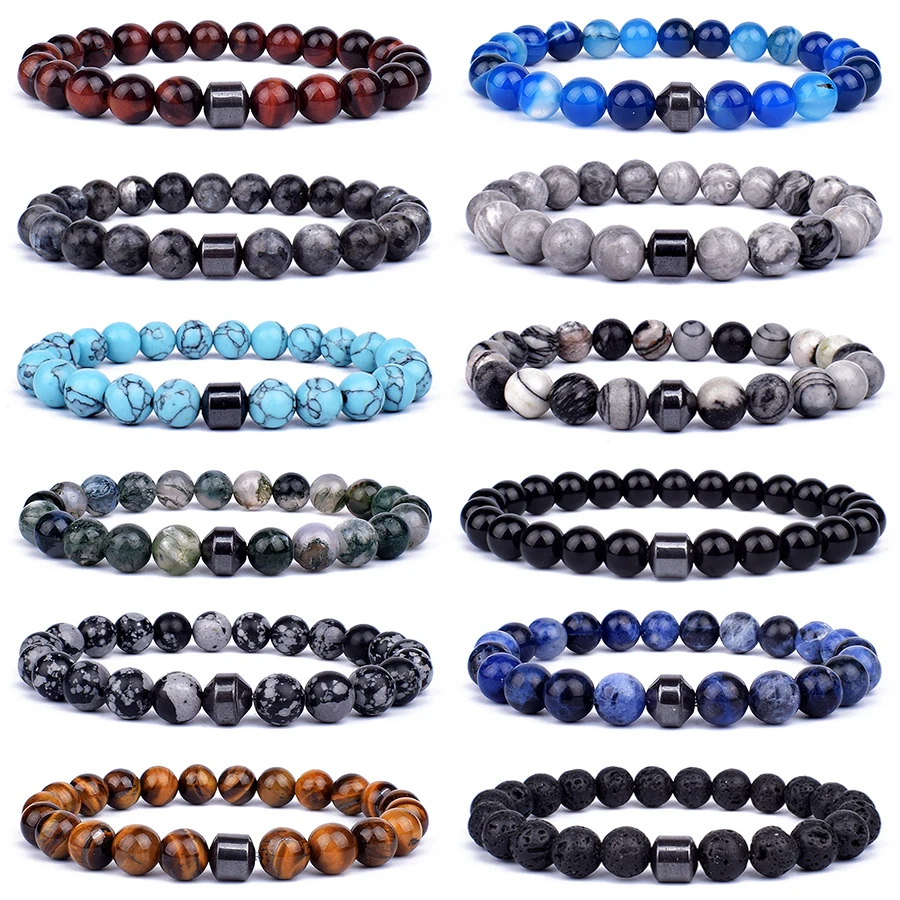 Fashion Natural Stone Bracelets Men Energy Cylinder Hematite Healing Bracelets for Women Prayer Reiki Charm Jewelry Gift Pulsera